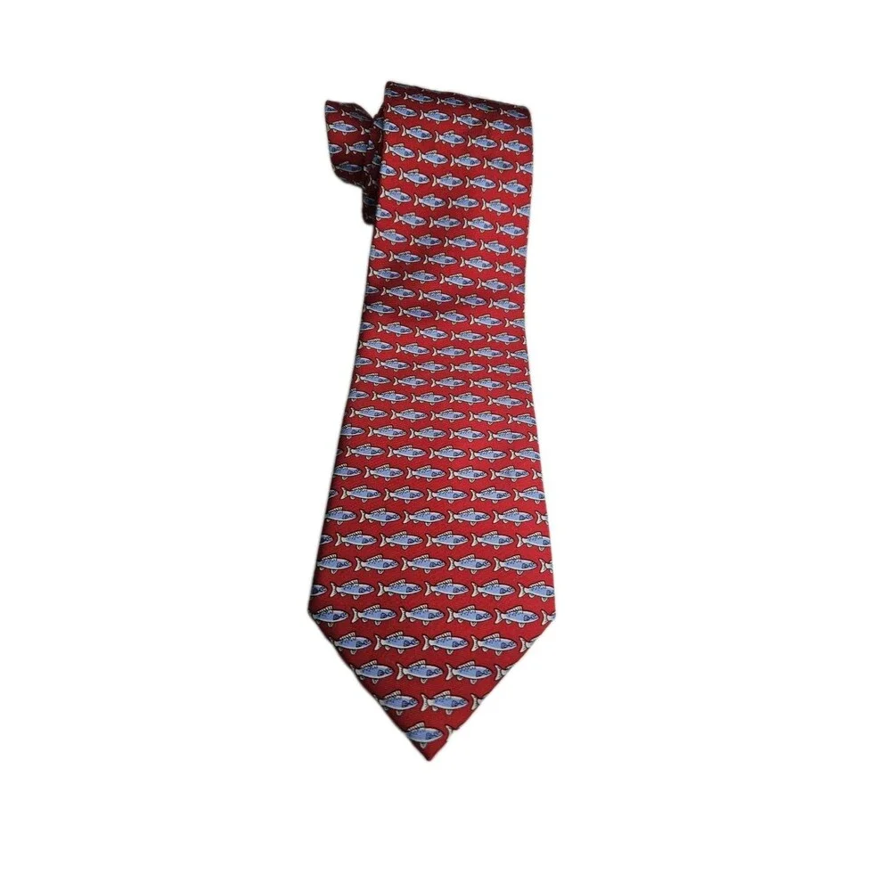Sero New England Classics Red Fish Print Silk Tie Sardine Novelty Necktie
